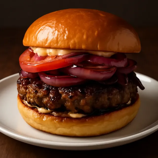 Hamburgers with Grilled Apple and Chili Crisp