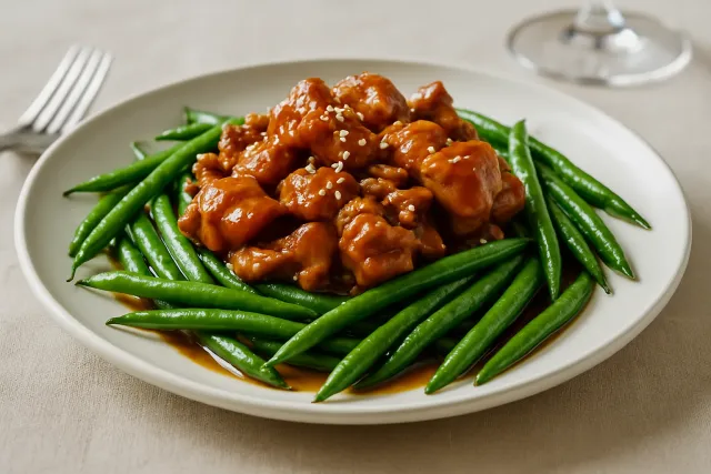 Scharfes Huhn und Grüne Bohnenpfanne