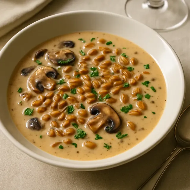 Vegan Kremalı Mantar ve Farro Çorbası