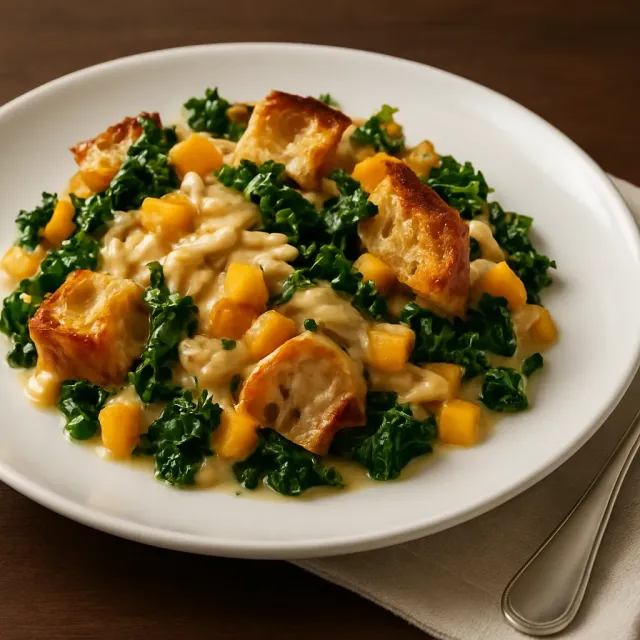 Pudding salato con pane, cavolo riccio e zucca butternut