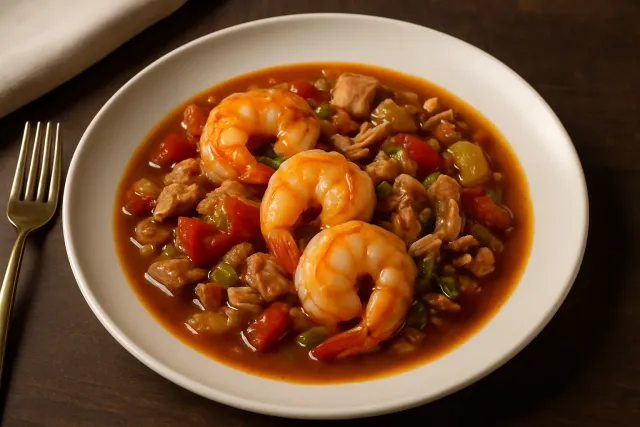 Gombo de poulet au riz avec crevettes