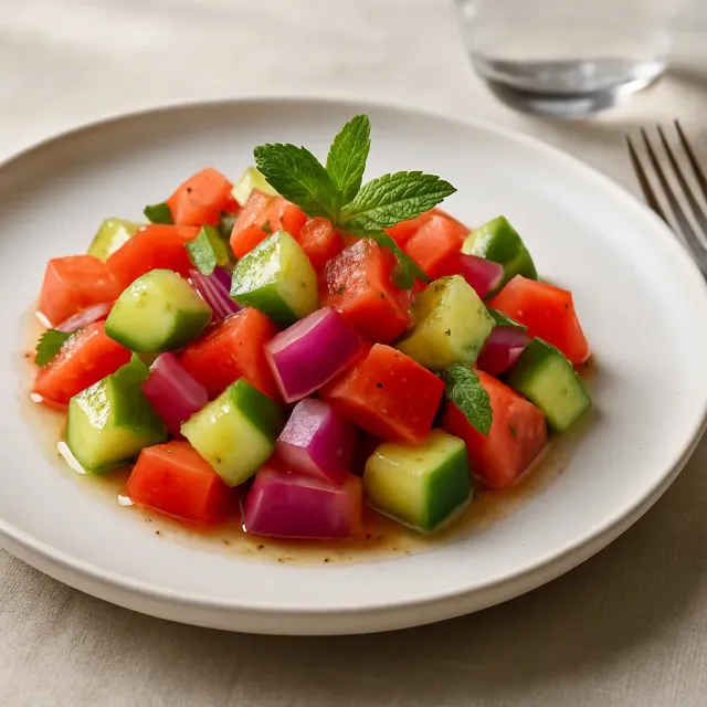 Salad Tomat, Mentimun, dan Bawang Merah dengan Mint