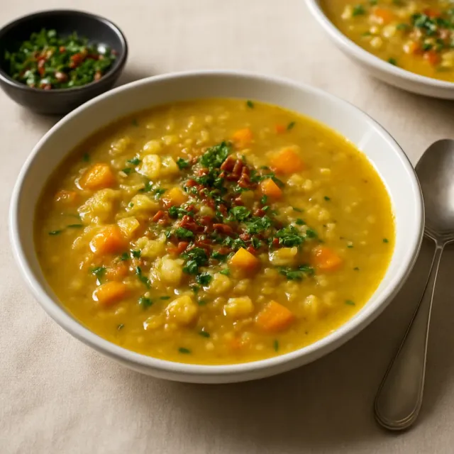 Sopa de Ervilhas Partidas com Gremolata de Tomate Seco