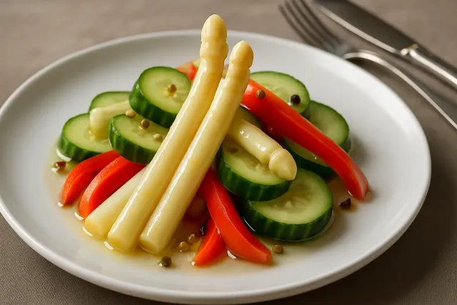 Eingelegter weißer Spargel, Gurken und Paprika