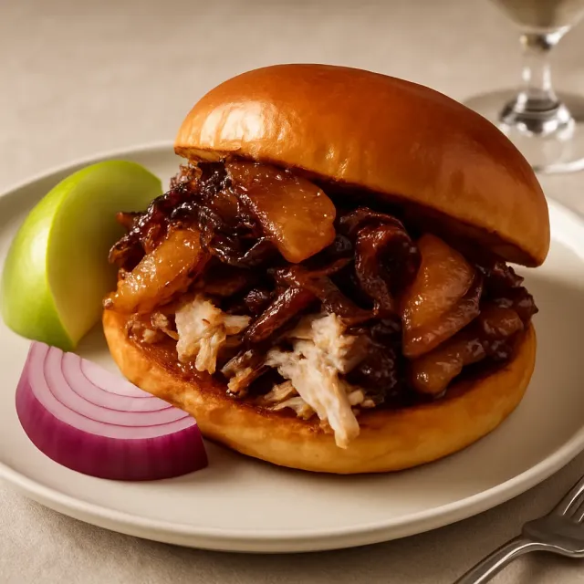 Apple Cider Pulled Pork with Caramelized Onion and Apples