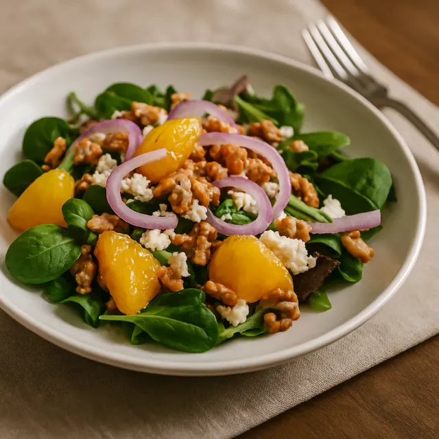 Salada de Laranja, Nozes, Gorgonzola e Mistura de Folhas Verdes com Vinagrete Cítrico Fresco