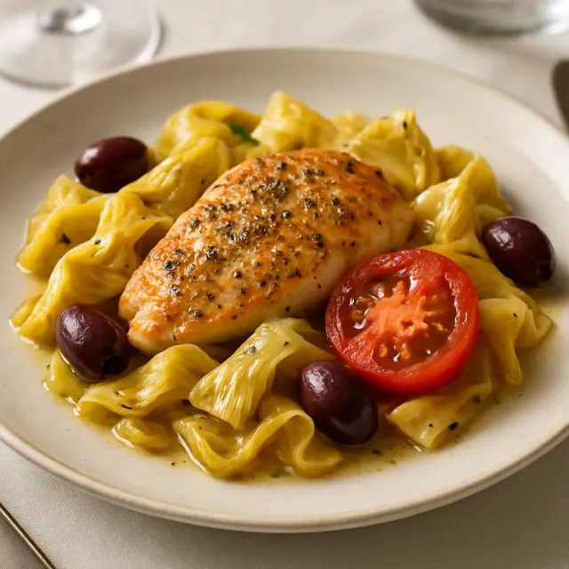 Frango Mediterrâneo Picante com Pimentas Cereja Recheadas de Linguiça
