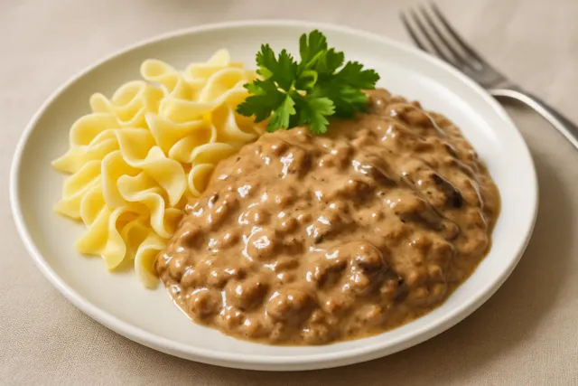 Rindfleisch-Stroganoff mit Hackfleisch