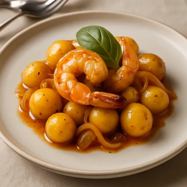 Creamy Saffron Shrimp with Gnocchi and Caramelized Onion