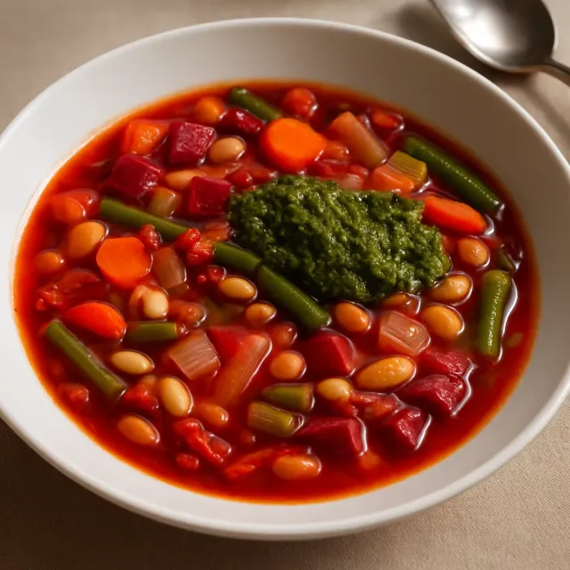 Roter Winter-Minestrone mit Wintergrün-Pesto