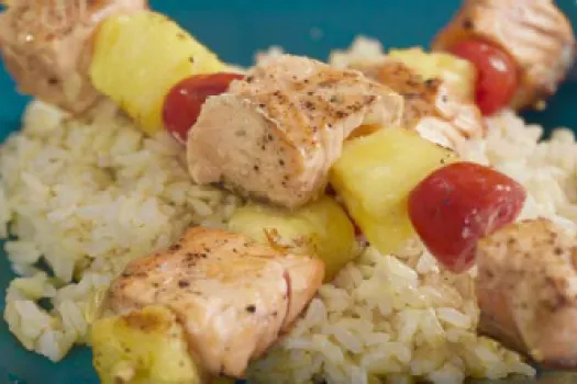 Hearty Salmon Skewers over Brown Rice