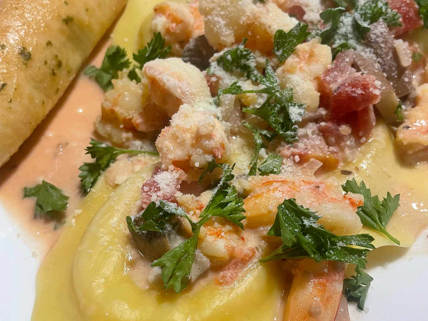 Lobster Ravioli in Tomato Cream Sauce with Shrimp