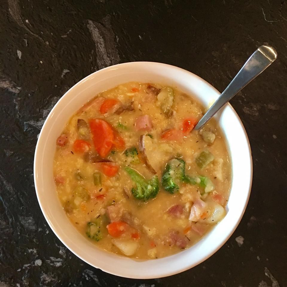 Potato, Ham, Broccoli, and Cheese Soup with Baby Dumplings