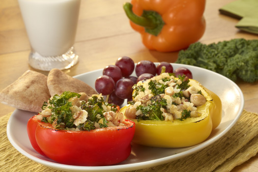 Rainbow Bell Pepper Boats with Garbanzo Beans and Kale