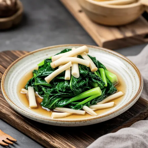 Simmered Chrysanthemum Greens and Enoki Mushrooms with Ginger