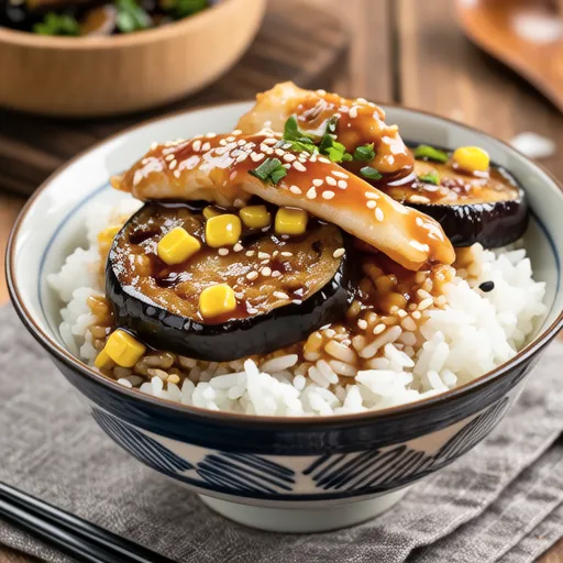 Sweet and Spicy Eggplant and Pacific Saury Rice Bowl