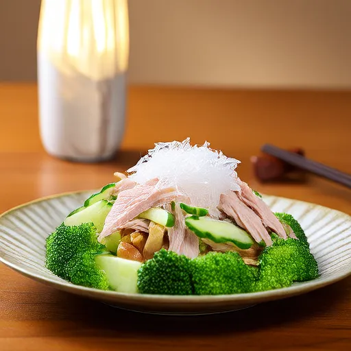 Ensalada de fideos de vidrio con brócoli y jamón