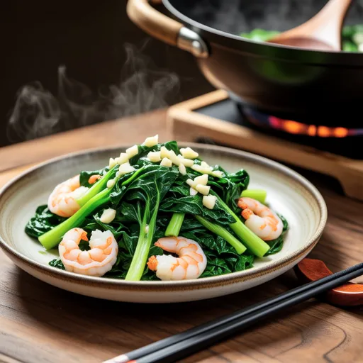 Garlic Sautéed Chrysanthemum Greens and Shrimp