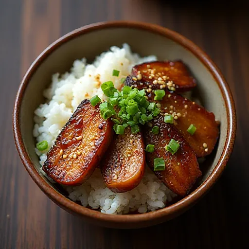 Eggplant and Pork Belly Rice Bowl with Garlic Chive Sauce