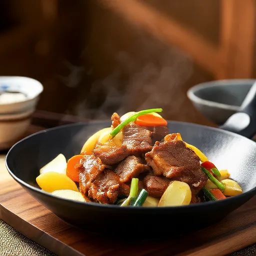 पोर्क और सब्जियों की तली हुई डिश