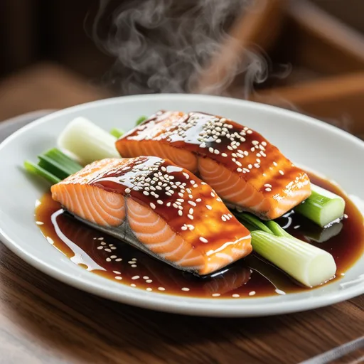 Salmon and Grilled Leek in Sweet Vinegar Sauce