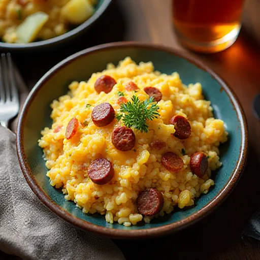 Жареный Рис с Беконом, Колбасой, Сыром и Яйцами