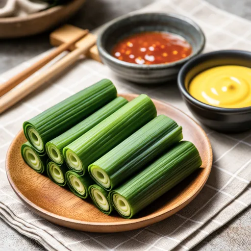 Spring Chive Wraps with Mustard and Chili Sauce