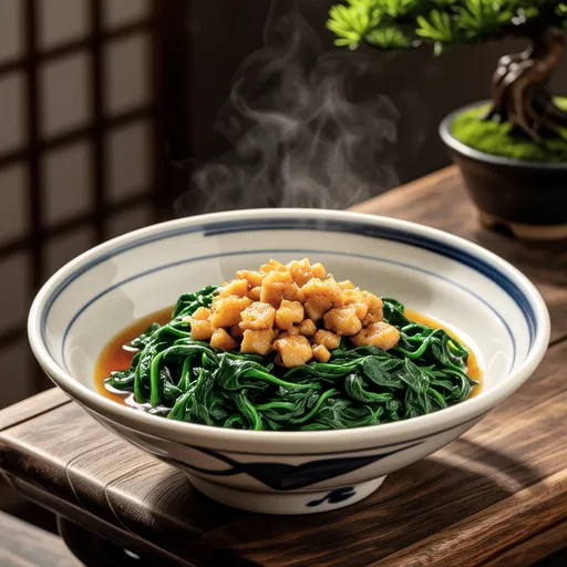 Spinach with Ginger Chicken Soboro Sauce