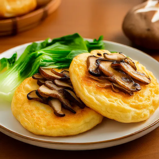 Panquecas veganas de farinha de arroz com molho de cogumelos shiitake