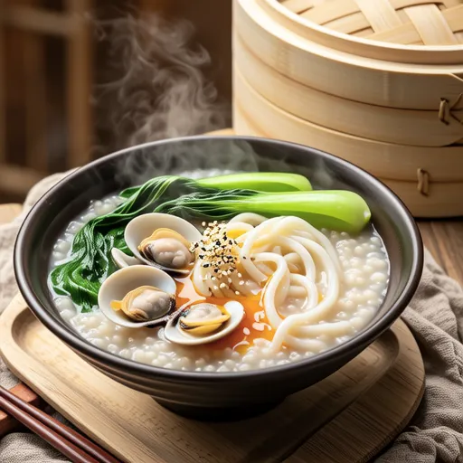 Clam and Zha Cai Egg Rice Porridge