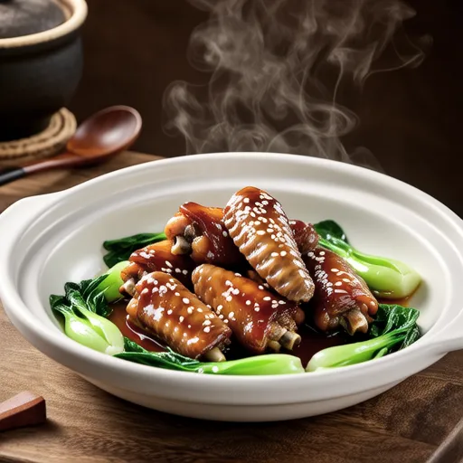Simmered Chicken Wings with Chrysanthemum Greens in Oyster Sauce