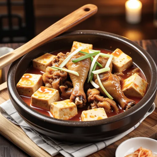 Thick Fried Tofu and Chicken in Gochujang Sauce