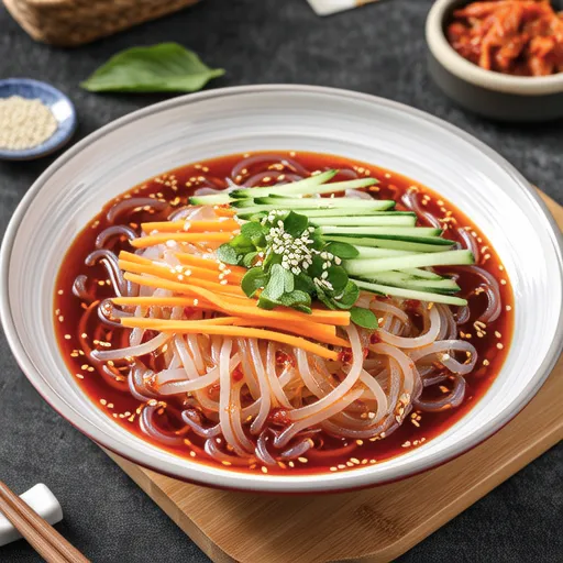 Spicy Korean Noodles with Vegetables and Whelk