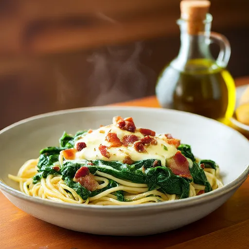 Mì Ý aglio e olio với thịt ba chỉ xông khói và cải bó xôi