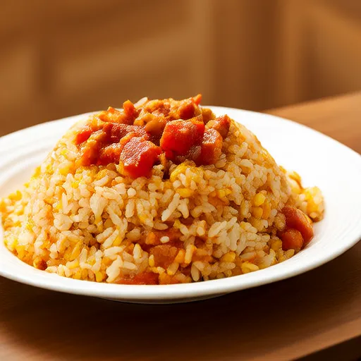 Arroz com tomate, carne moída e bacon