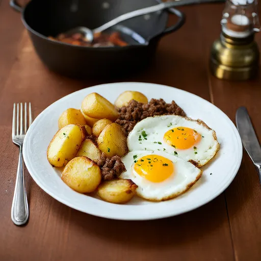 Hash di manzo e patate con uovo fritto