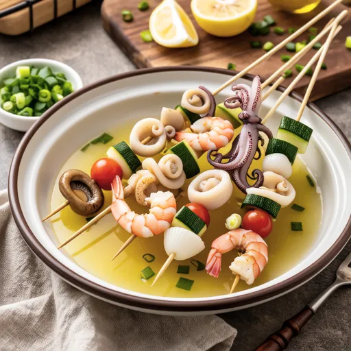 Seafood Skewers with Lemon Broth