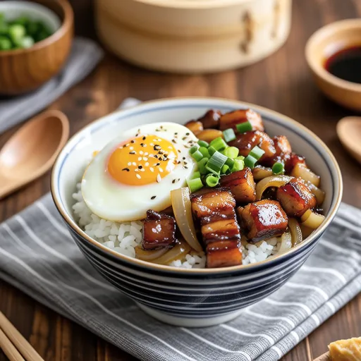 Green Onion Pork Belly Rice Bowl with Poached Egg