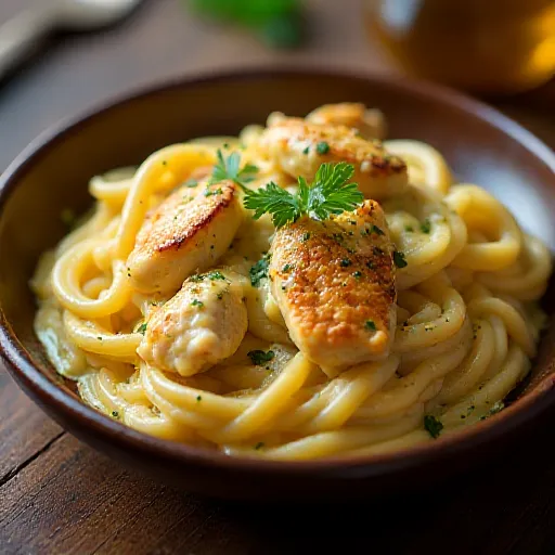 Pasta cremosa con pollo y queso