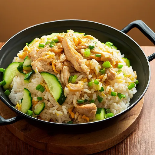 Arroz frito saludable con pechuga de pollo y pepino