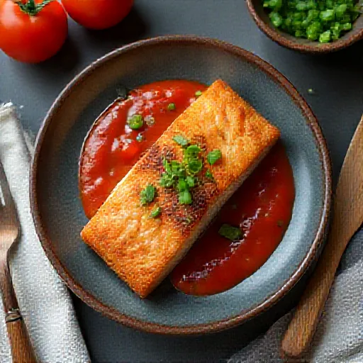 Fried Salmon with Tomato and Green Onion Sauce