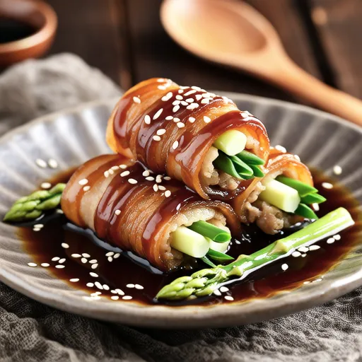 Bamboo Shoots and Asparagus Wrapped in Pork with Thick Sauce