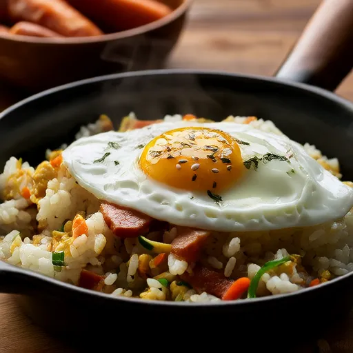 Жареный рис с яйцом, ветчиной и сосисками