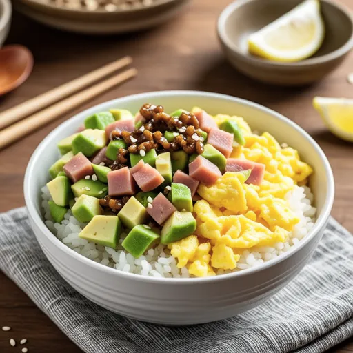 Avocado Guacamole Spam Egg Rice Bowl