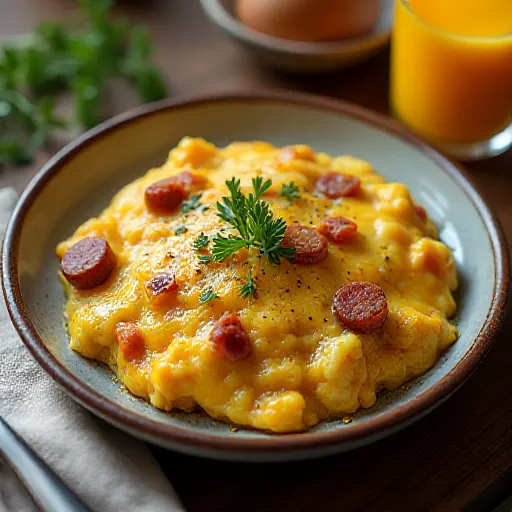 Жареные яйца с беконом, сосисками и сыром
