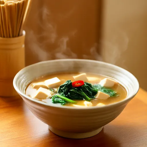 Sopa de missô com tofu e espinafre