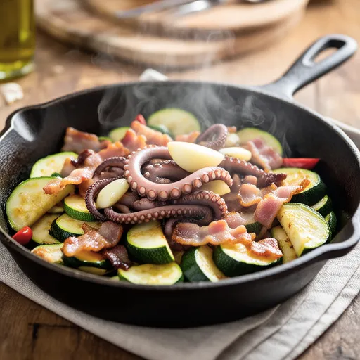 Zucchini, Bacon, and Octopus Ajillo