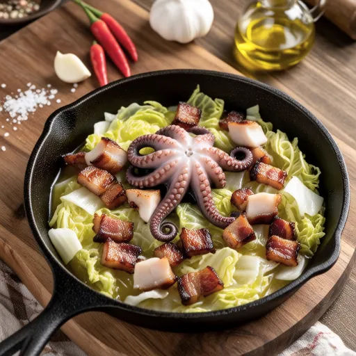 Cabbage, Bacon, and Octopus Ajillo