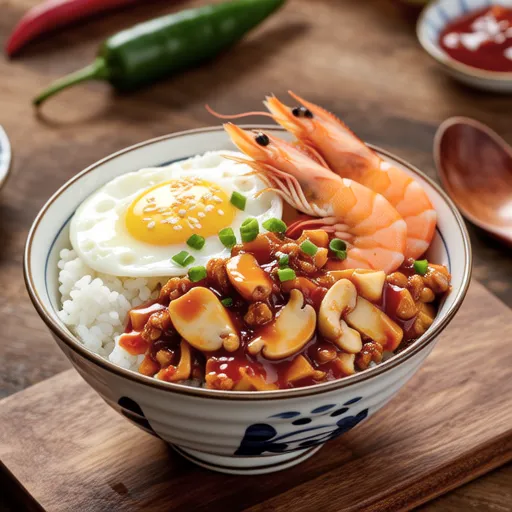Spicy Sweet Enoki Mushroom Shrimp Rice Bowl