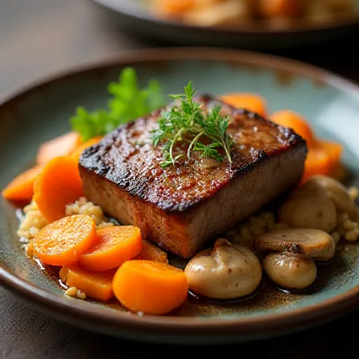 Korean Beef Steak with Mushrooms and Salmon